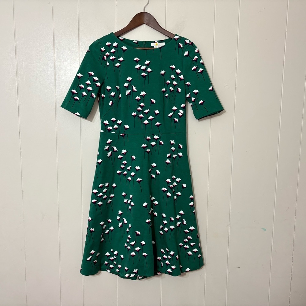 Boden Crocus Floral Print Green Ponte Fit & Flare Dress Size 8R